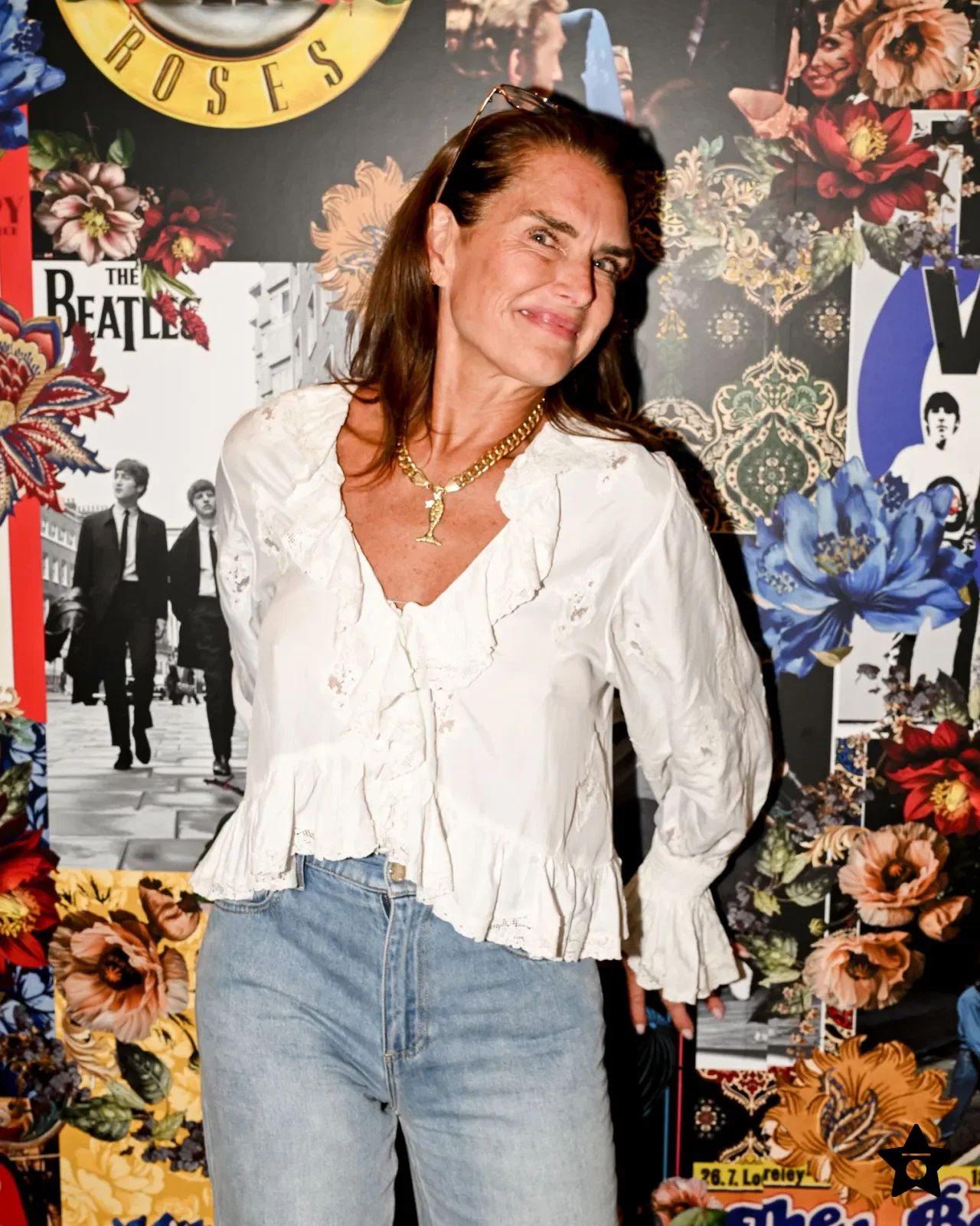 Brooke Shields Wears a White Ruffled Blouse at ALICE + OLIVIA Legends Celebration