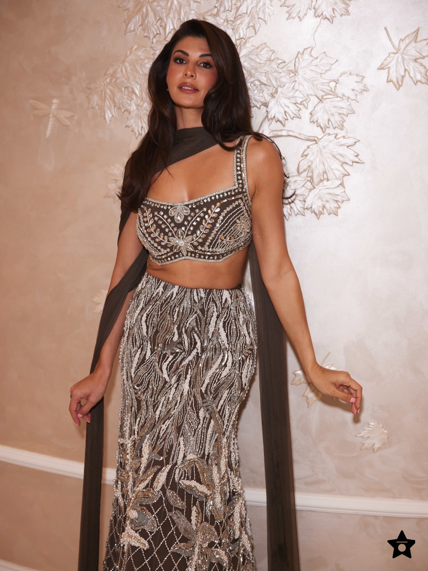 Jacqueline Fernandez Sets The Glam Bar High In Sultry Bronze And Charcoal Lehenga