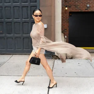 Lana Condor Taupe Draped Mini Dress in Murray Hill – August 17, 2026 31 Lana Condor Taupe Draped Mini Dress in Murray Hill – August 17, 2026