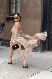 Lana Condor Taupe Draped Mini Dress in Murray Hill – August 17, 2026 27 Lana Condor Taupe Draped Mini Dress in Murray Hill – August 17, 2026